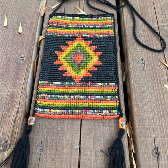 Hand-dyed beads Boho Beaded Purse Satchel Bag Pattern Black Gold diamond 70s - Picture 2 of 9